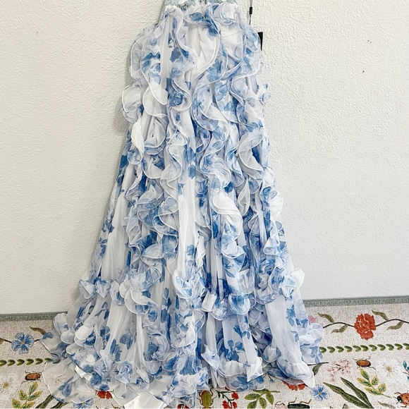 NWT Mac Duggal Floral Lace Up Tie Back Ruffle Shoulder Embellished Gown - Picture 8 of 15